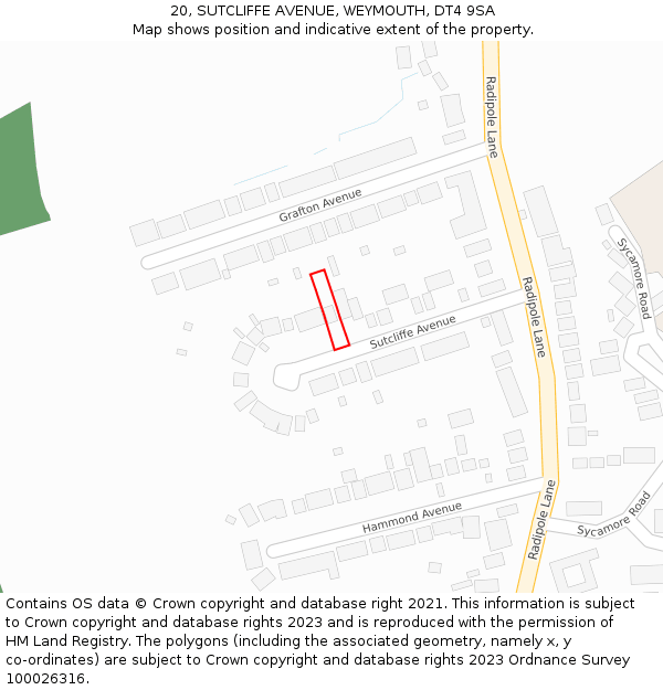 20, SUTCLIFFE AVENUE, WEYMOUTH, DT4 9SA: Location map and indicative extent of plot