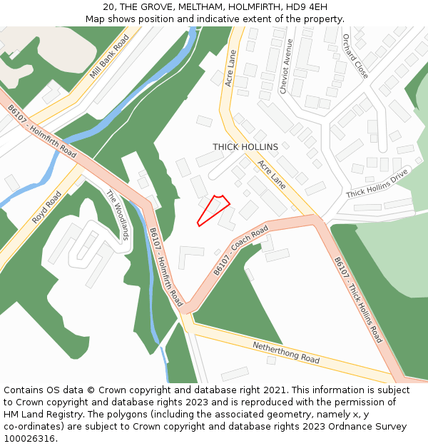 20, THE GROVE, MELTHAM, HOLMFIRTH, HD9 4EH: Location map and indicative extent of plot