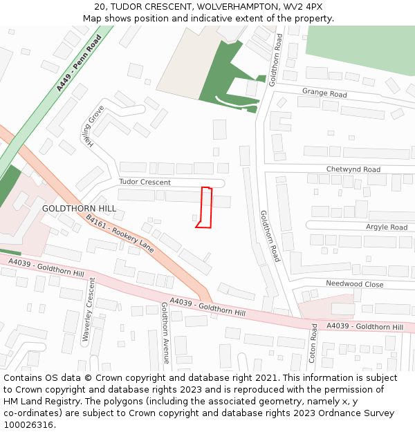 20, TUDOR CRESCENT, WOLVERHAMPTON, WV2 4PX: Location map and indicative extent of plot