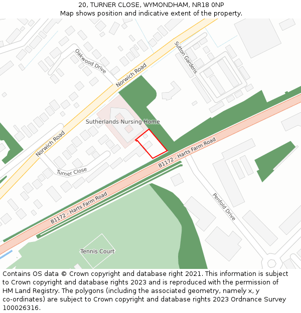 20, TURNER CLOSE, WYMONDHAM, NR18 0NP: Location map and indicative extent of plot