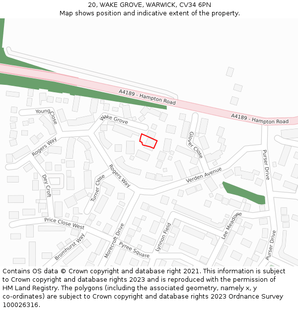 20, WAKE GROVE, WARWICK, CV34 6PN: Location map and indicative extent of plot