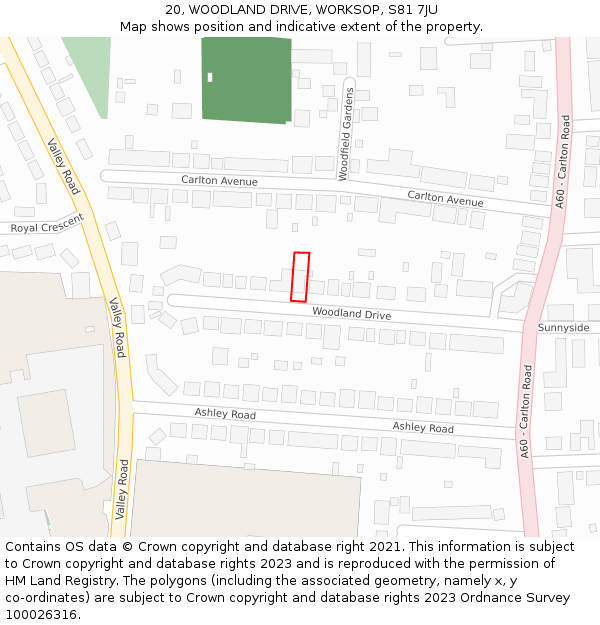 20, WOODLAND DRIVE, WORKSOP, S81 7JU: Location map and indicative extent of plot