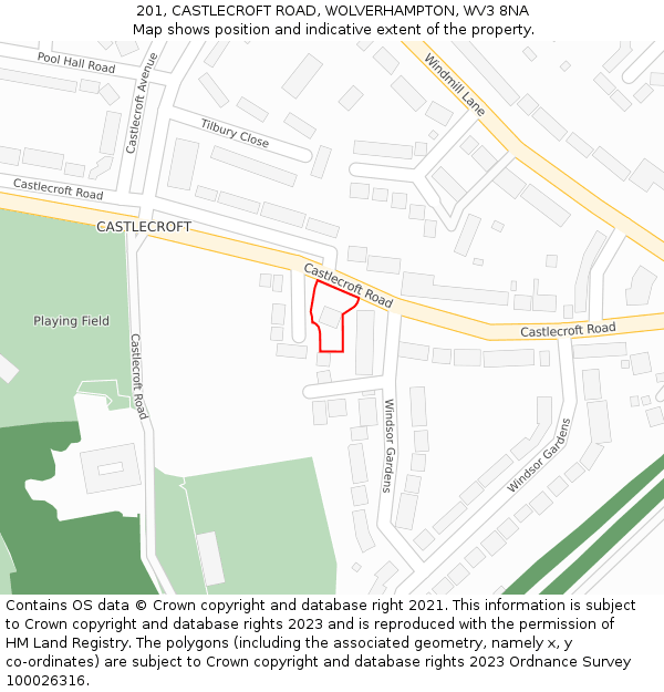 201, CASTLECROFT ROAD, WOLVERHAMPTON, WV3 8NA: Location map and indicative extent of plot