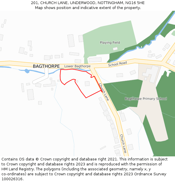 201, CHURCH LANE, UNDERWOOD, NOTTINGHAM, NG16 5HE: Location map and indicative extent of plot