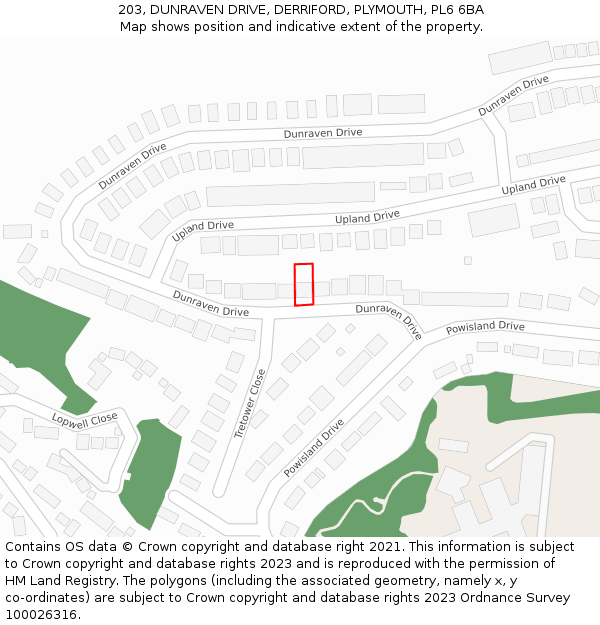 203, DUNRAVEN DRIVE, DERRIFORD, PLYMOUTH, PL6 6BA: Location map and indicative extent of plot