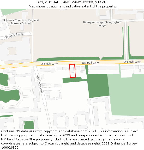 203, OLD HALL LANE, MANCHESTER, M14 6HJ: Location map and indicative extent of plot