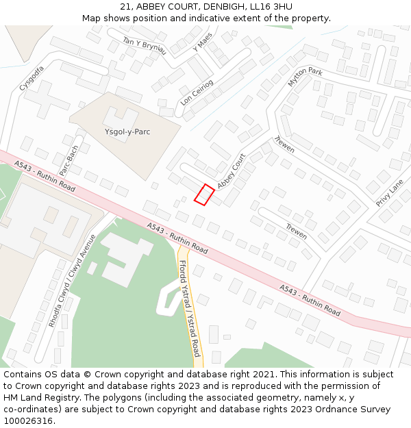 21, ABBEY COURT, DENBIGH, LL16 3HU: Location map and indicative extent of plot