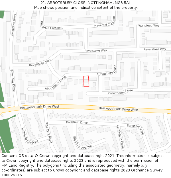 21, ABBOTSBURY CLOSE, NOTTINGHAM, NG5 5AL: Location map and indicative extent of plot