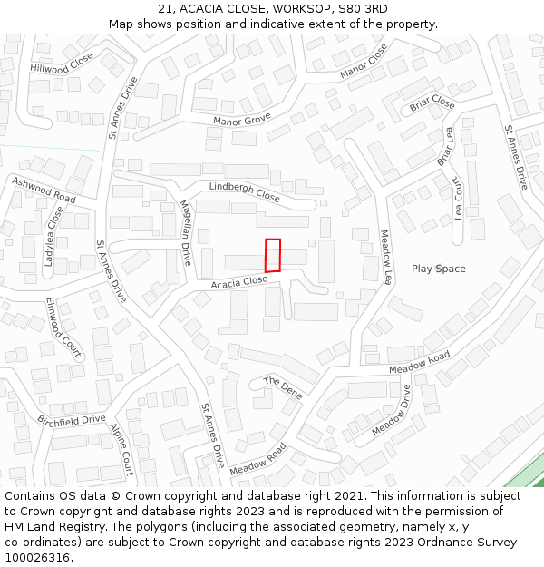 21, ACACIA CLOSE, WORKSOP, S80 3RD: Location map and indicative extent of plot