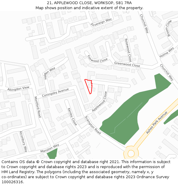 21, APPLEWOOD CLOSE, WORKSOP, S81 7RA: Location map and indicative extent of plot