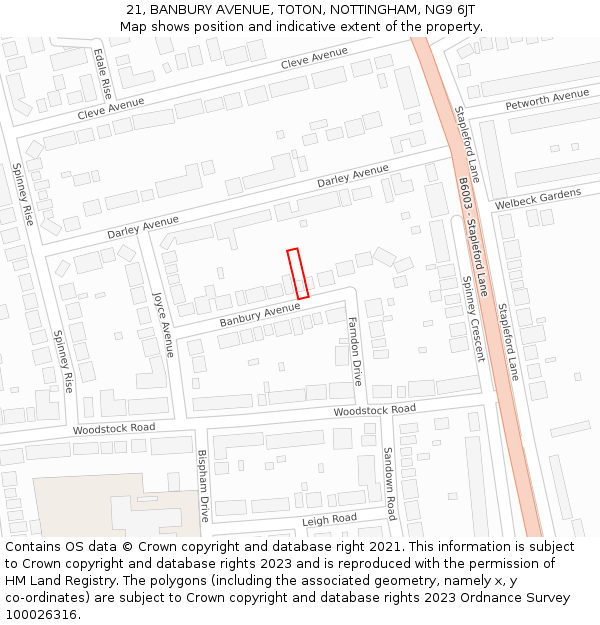 21, BANBURY AVENUE, TOTON, NOTTINGHAM, NG9 6JT: Location map and indicative extent of plot