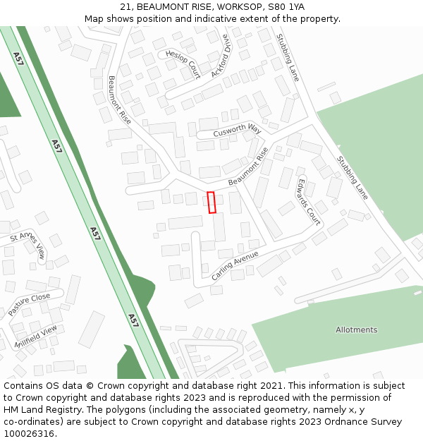 21, BEAUMONT RISE, WORKSOP, S80 1YA: Location map and indicative extent of plot