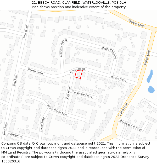 21, BEECH ROAD, CLANFIELD, WATERLOOVILLE, PO8 0LH: Location map and indicative extent of plot