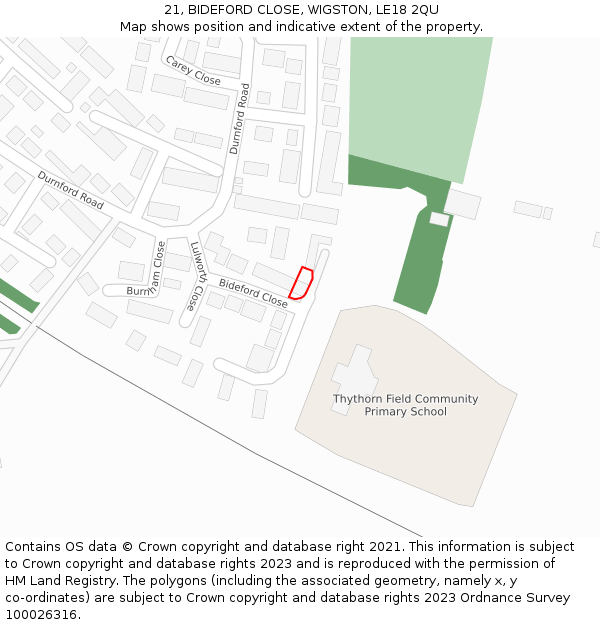 21, BIDEFORD CLOSE, WIGSTON, LE18 2QU: Location map and indicative extent of plot