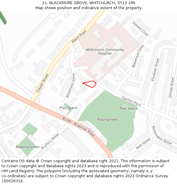 21, BLACKMORE GROVE, WHITCHURCH, SY13 1RR: Location map and indicative extent of plot