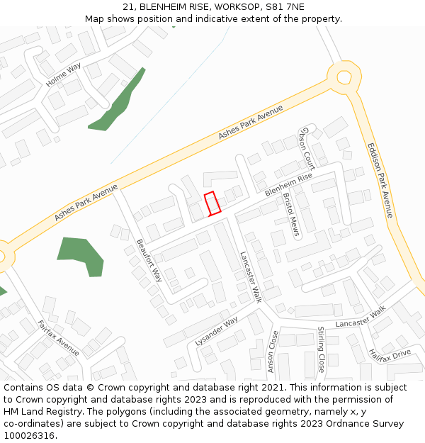 21, BLENHEIM RISE, WORKSOP, S81 7NE: Location map and indicative extent of plot