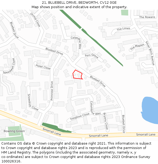 21, BLUEBELL DRIVE, BEDWORTH, CV12 0GE: Location map and indicative extent of plot