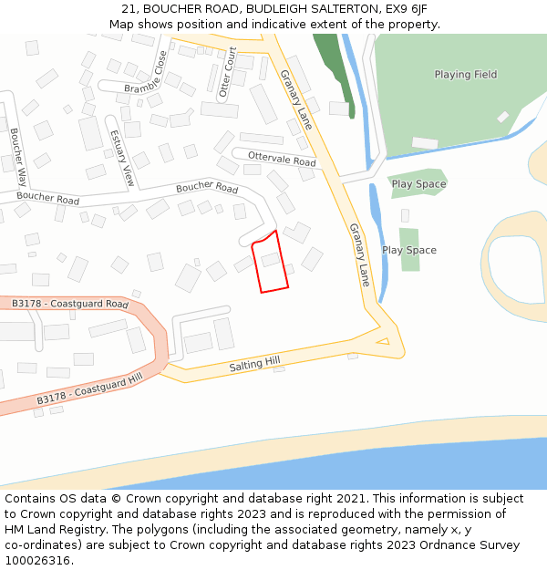 21, BOUCHER ROAD, BUDLEIGH SALTERTON, EX9 6JF: Location map and indicative extent of plot