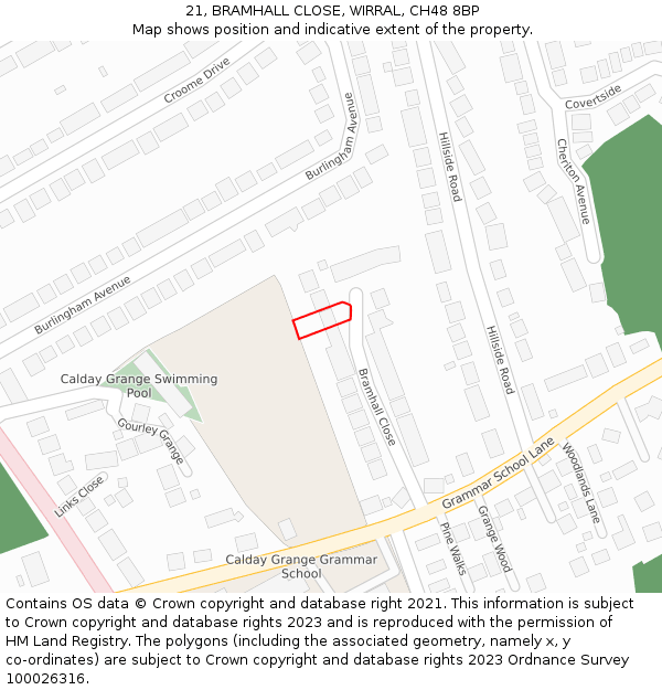 21, BRAMHALL CLOSE, WIRRAL, CH48 8BP: Location map and indicative extent of plot