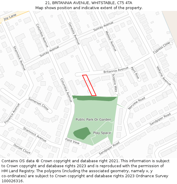 21, BRITANNIA AVENUE, WHITSTABLE, CT5 4TA: Location map and indicative extent of plot