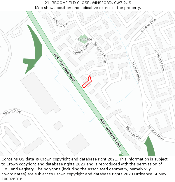 21, BROOMFIELD CLOSE, WINSFORD, CW7 2US: Location map and indicative extent of plot