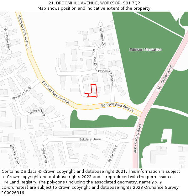 21, BROOMHILL AVENUE, WORKSOP, S81 7QP: Location map and indicative extent of plot