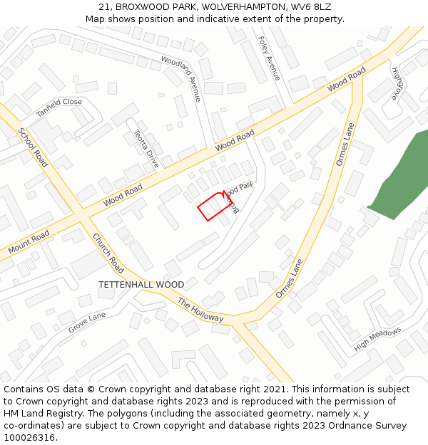 21, BROXWOOD PARK, WOLVERHAMPTON, WV6 8LZ: Location map and indicative extent of plot