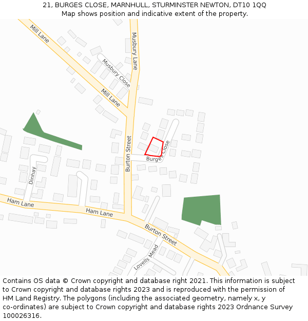 21, BURGES CLOSE, MARNHULL, STURMINSTER NEWTON, DT10 1QQ: Location map and indicative extent of plot