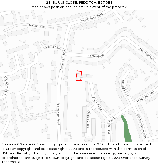 21, BURNS CLOSE, REDDITCH, B97 5BS: Location map and indicative extent of plot