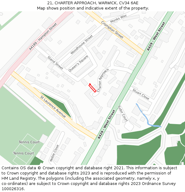 21, CHARTER APPROACH, WARWICK, CV34 6AE: Location map and indicative extent of plot