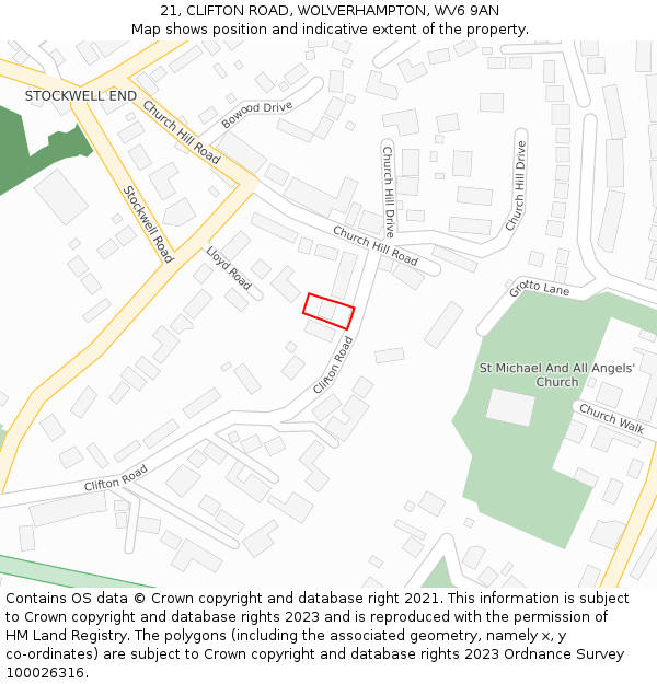 21, CLIFTON ROAD, WOLVERHAMPTON, WV6 9AN: Location map and indicative extent of plot
