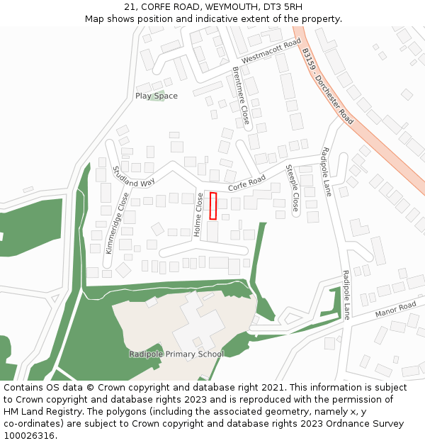 21, CORFE ROAD, WEYMOUTH, DT3 5RH: Location map and indicative extent of plot