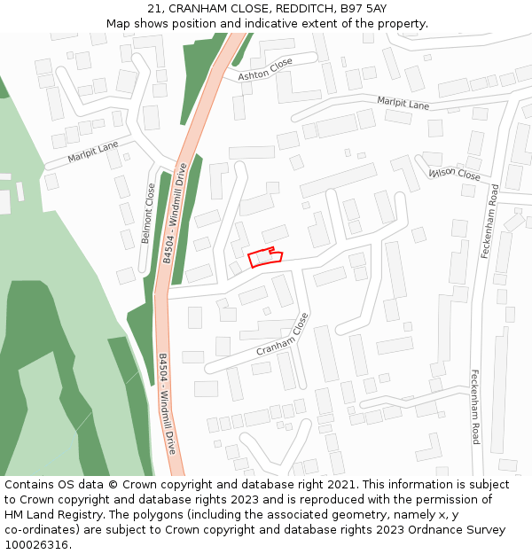 21, CRANHAM CLOSE, REDDITCH, B97 5AY: Location map and indicative extent of plot