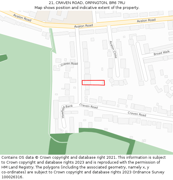 21, CRAVEN ROAD, ORPINGTON, BR6 7RU: Location map and indicative extent of plot