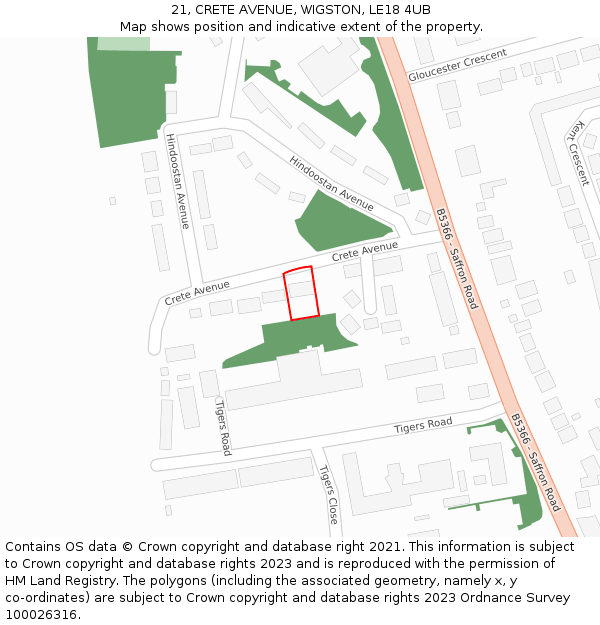 21, CRETE AVENUE, WIGSTON, LE18 4UB: Location map and indicative extent of plot