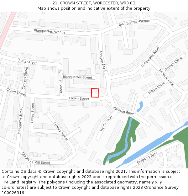 21, CROWN STREET, WORCESTER, WR3 8BJ: Location map and indicative extent of plot
