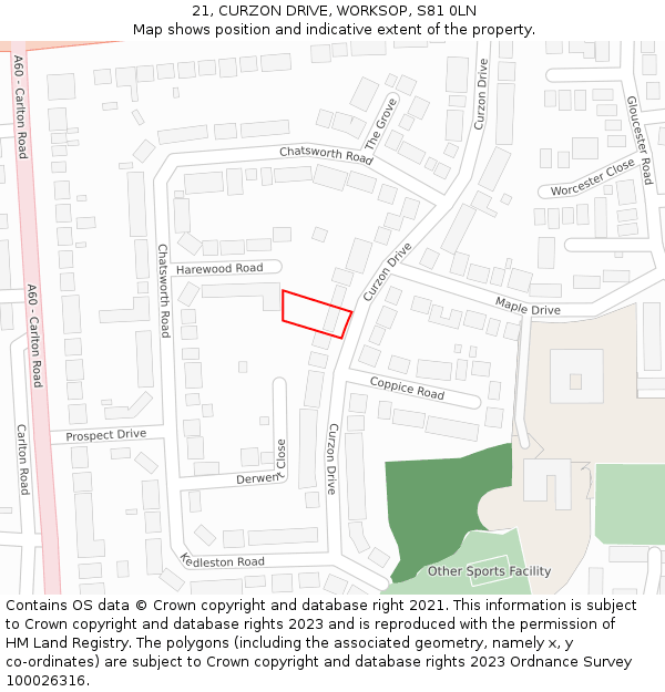 21, CURZON DRIVE, WORKSOP, S81 0LN: Location map and indicative extent of plot