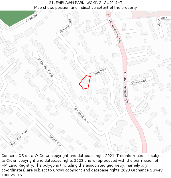 21, FAIRLAWN PARK, WOKING, GU21 4HT: Location map and indicative extent of plot