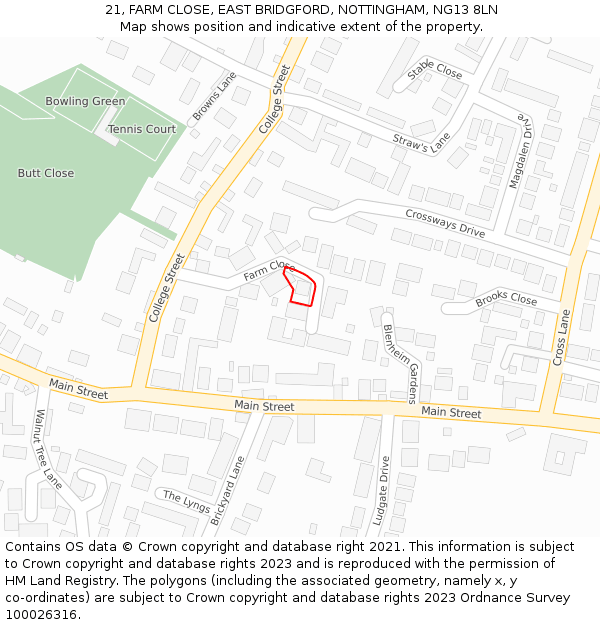 21, FARM CLOSE, EAST BRIDGFORD, NOTTINGHAM, NG13 8LN: Location map and indicative extent of plot