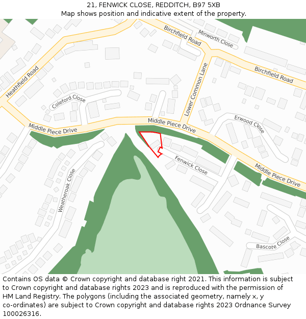 21, FENWICK CLOSE, REDDITCH, B97 5XB: Location map and indicative extent of plot