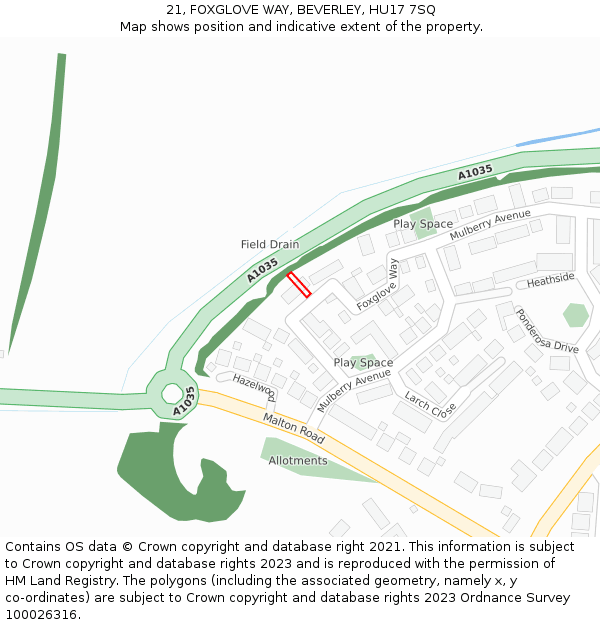 21, FOXGLOVE WAY, BEVERLEY, HU17 7SQ: Location map and indicative extent of plot
