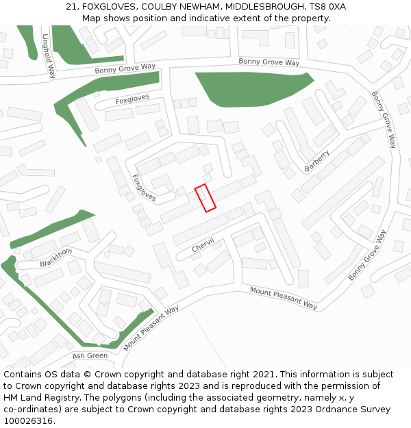 21, FOXGLOVES, COULBY NEWHAM, MIDDLESBROUGH, TS8 0XA: Location map and indicative extent of plot