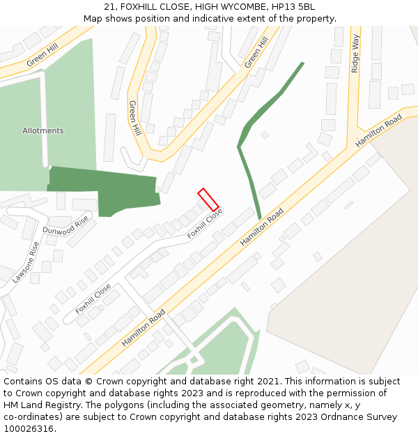 21, FOXHILL CLOSE, HIGH WYCOMBE, HP13 5BL: Location map and indicative extent of plot