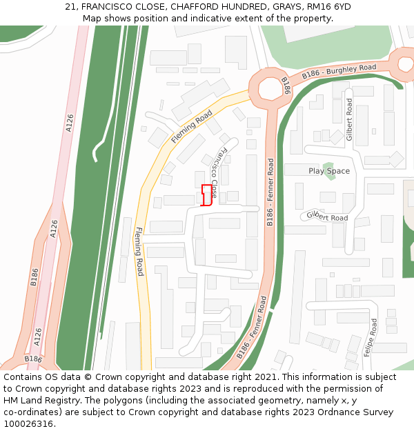 21, FRANCISCO CLOSE, CHAFFORD HUNDRED, GRAYS, RM16 6YD: Location map and indicative extent of plot