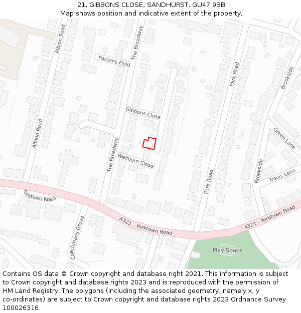 21, GIBBONS CLOSE, SANDHURST, GU47 9BB: Location map and indicative extent of plot