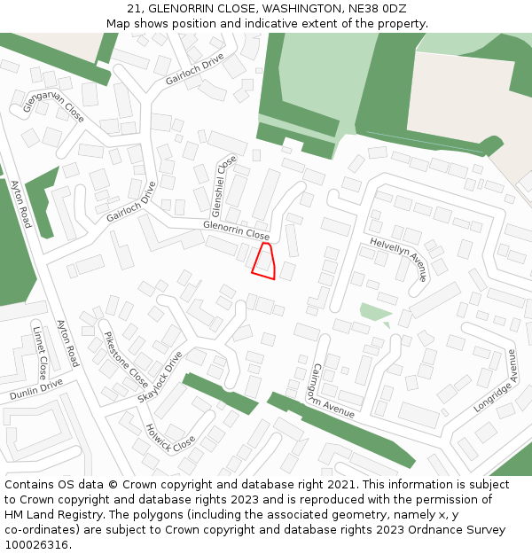 21, GLENORRIN CLOSE, WASHINGTON, NE38 0DZ: Location map and indicative extent of plot