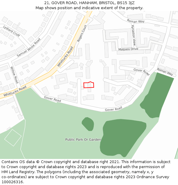 21, GOVER ROAD, HANHAM, BRISTOL, BS15 3JZ: Location map and indicative extent of plot