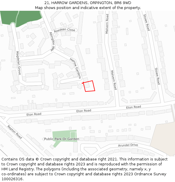 21, HARROW GARDENS, ORPINGTON, BR6 9WD: Location map and indicative extent of plot