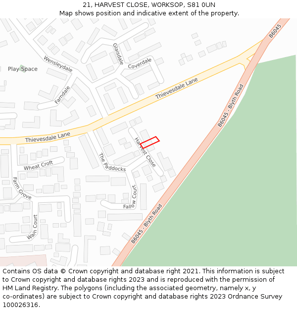 21, HARVEST CLOSE, WORKSOP, S81 0UN: Location map and indicative extent of plot