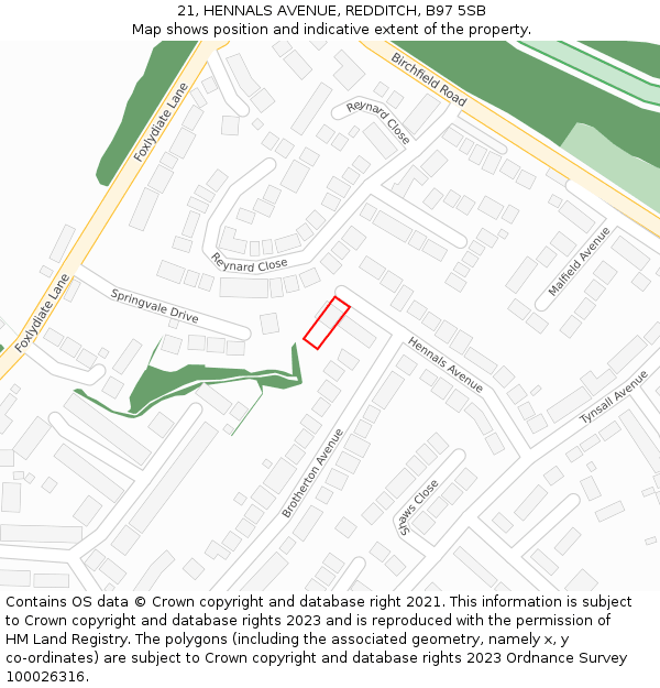 21, HENNALS AVENUE, REDDITCH, B97 5SB: Location map and indicative extent of plot